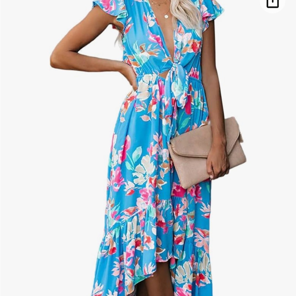 Boho chiffon floral high low wrap dress